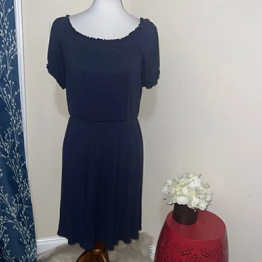 ModCloth Navy Ribbed Fit and Flare Skater Dress Puff Sleeve Sz L Large